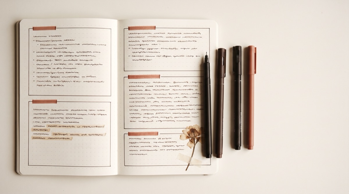 An open notebook on a cream desk showing handwritten study notes in bordered boxes with terracotta headings and a sand highlighter wash, with two pens and a dried flower alongside.